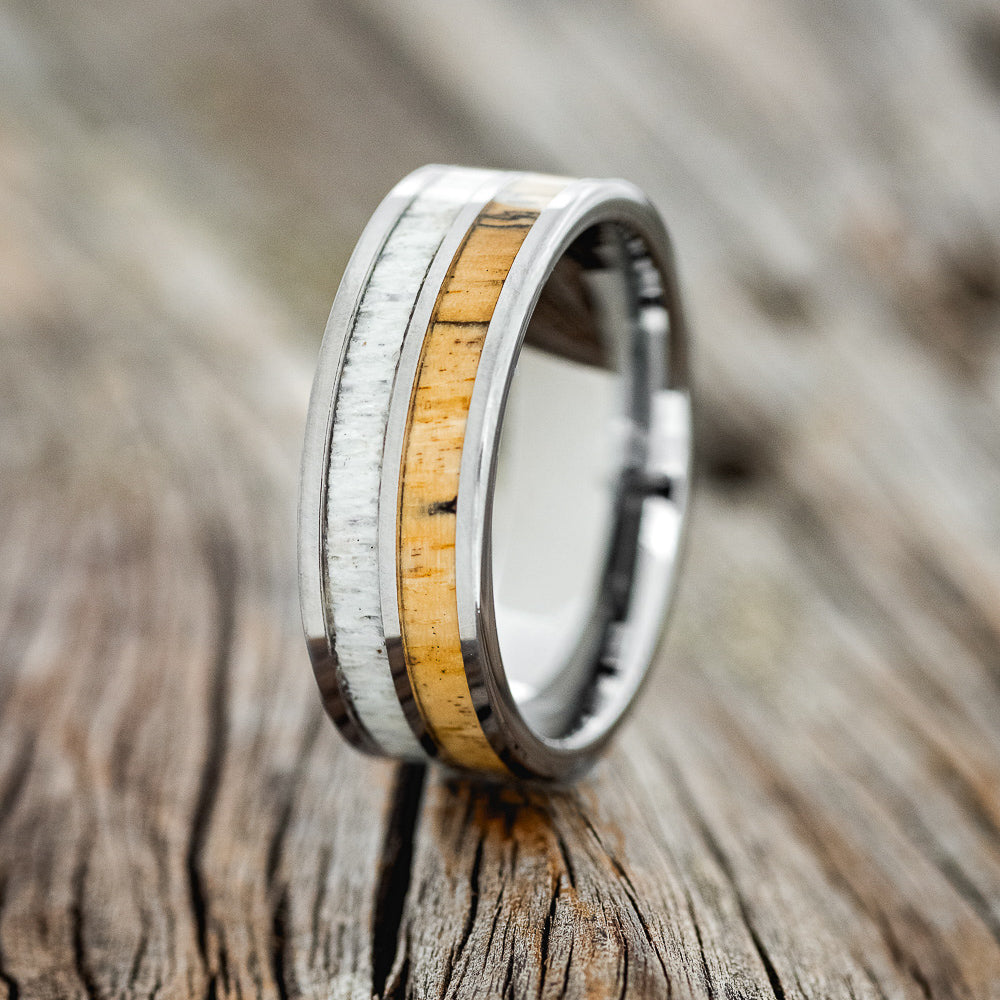 "DYAD" - SPALTED MAPLE & ANTLER WEDDING BAND-4
