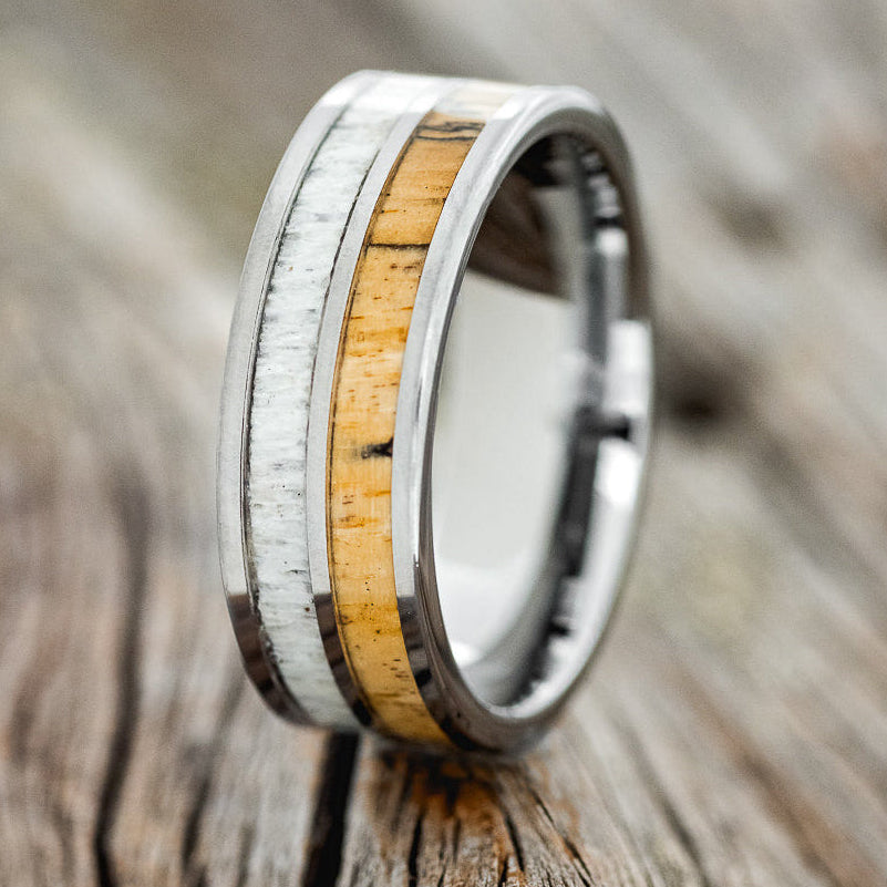 "DYAD" - SPALTED MAPLE & ANTLER WEDDING BAND-4