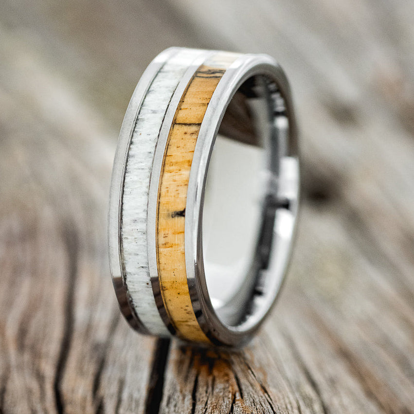 "DYAD" - SPALTED MAPLE & ANTLER WEDDING BAND-4