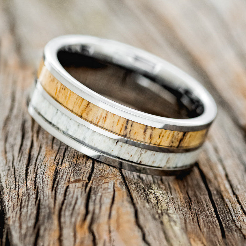 "DYAD" - SPALTED MAPLE & ANTLER WEDDING BAND-5