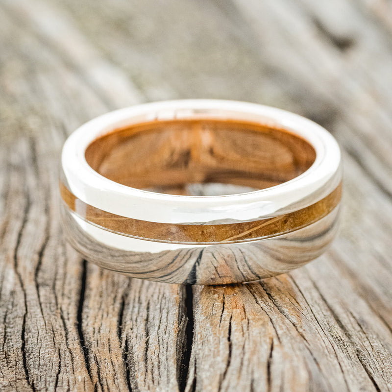 "VERTIGO" - WHISKEY BARREL OAK WEDDING RING WITH A 14K GOLD LINED BAND-3