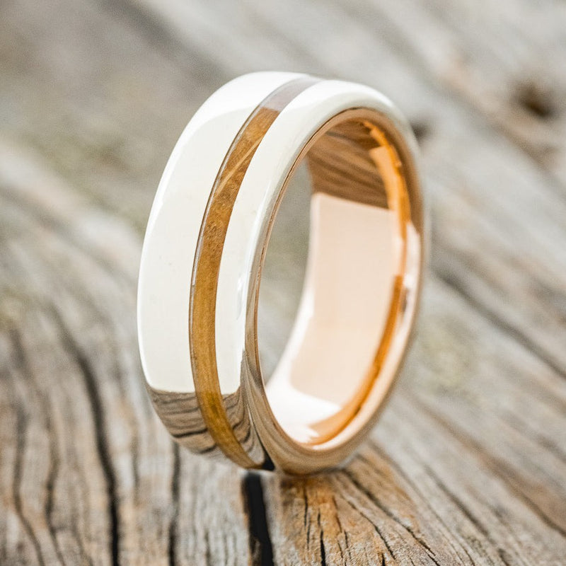 "VERTIGO" - WHISKEY BARREL OAK WEDDING RING WITH A 14K GOLD LINED BAND-1