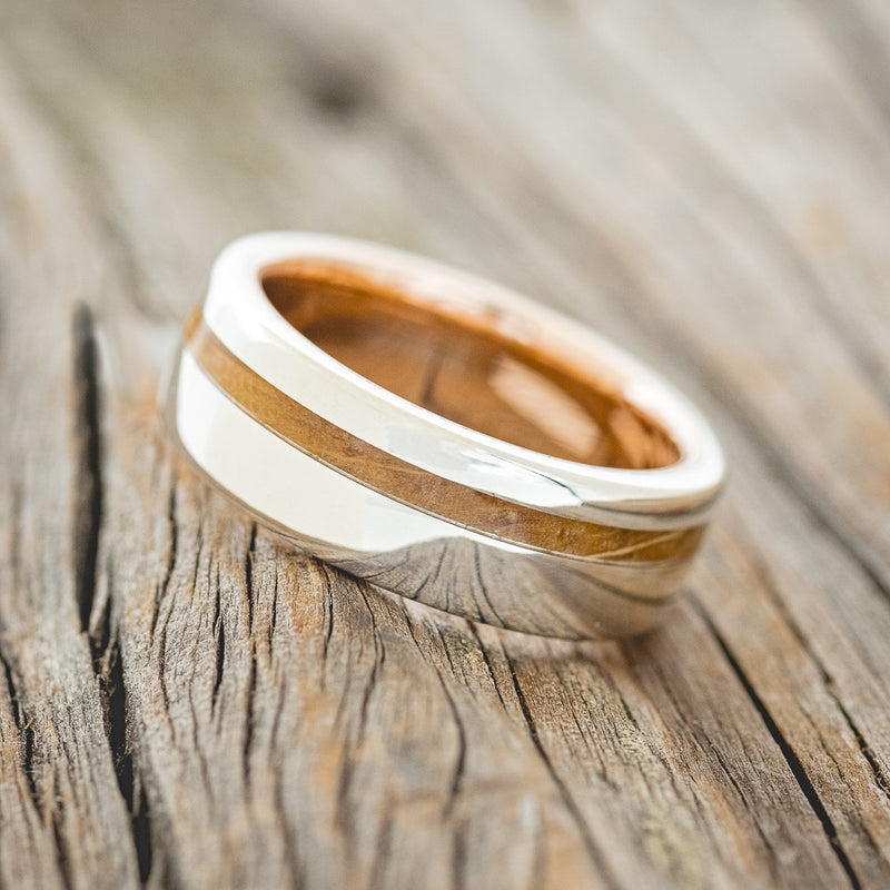 "VERTIGO" - WHISKEY BARREL OAK WEDDING RING WITH A 14K ROSE GOLD LINING - SILVER - SIZE 9 1/4-2