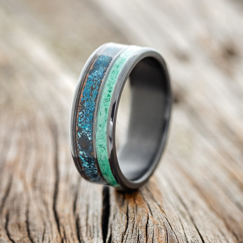 "RAPTOR" - PATINA COPPER & MALACHITE WEDDING BAND-4
