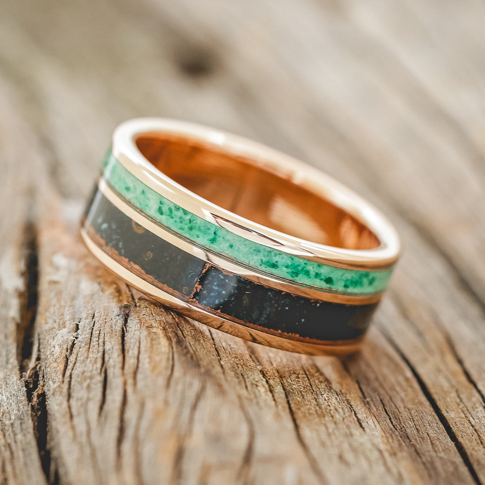 "RAPTOR" - PATINA COPPER & MALACHITE WEDDING BAND-14