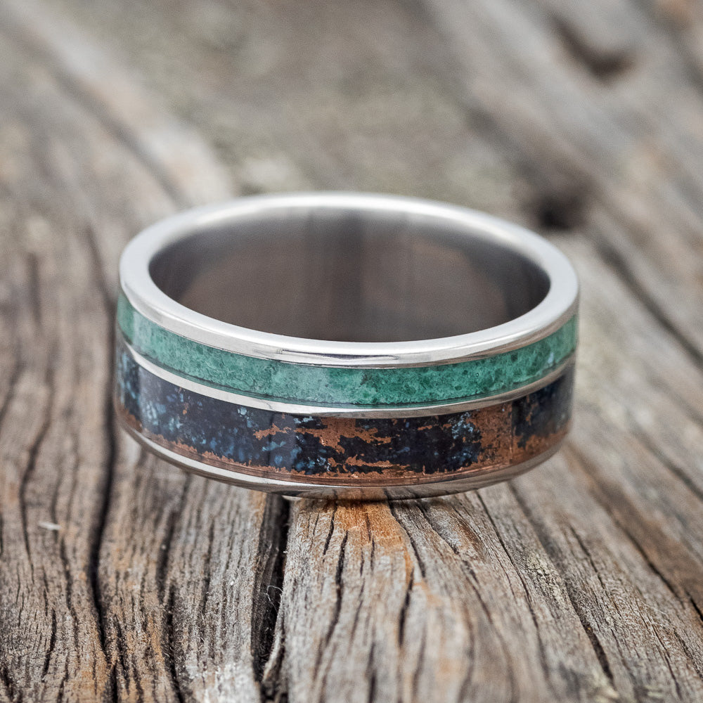 "RAPTOR" - PATINA COPPER & MALACHITE WEDDING BAND-3