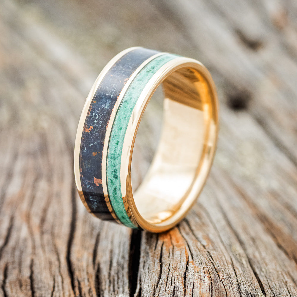 "RAPTOR" - PATINA COPPER & MALACHITE WEDDING BAND-10