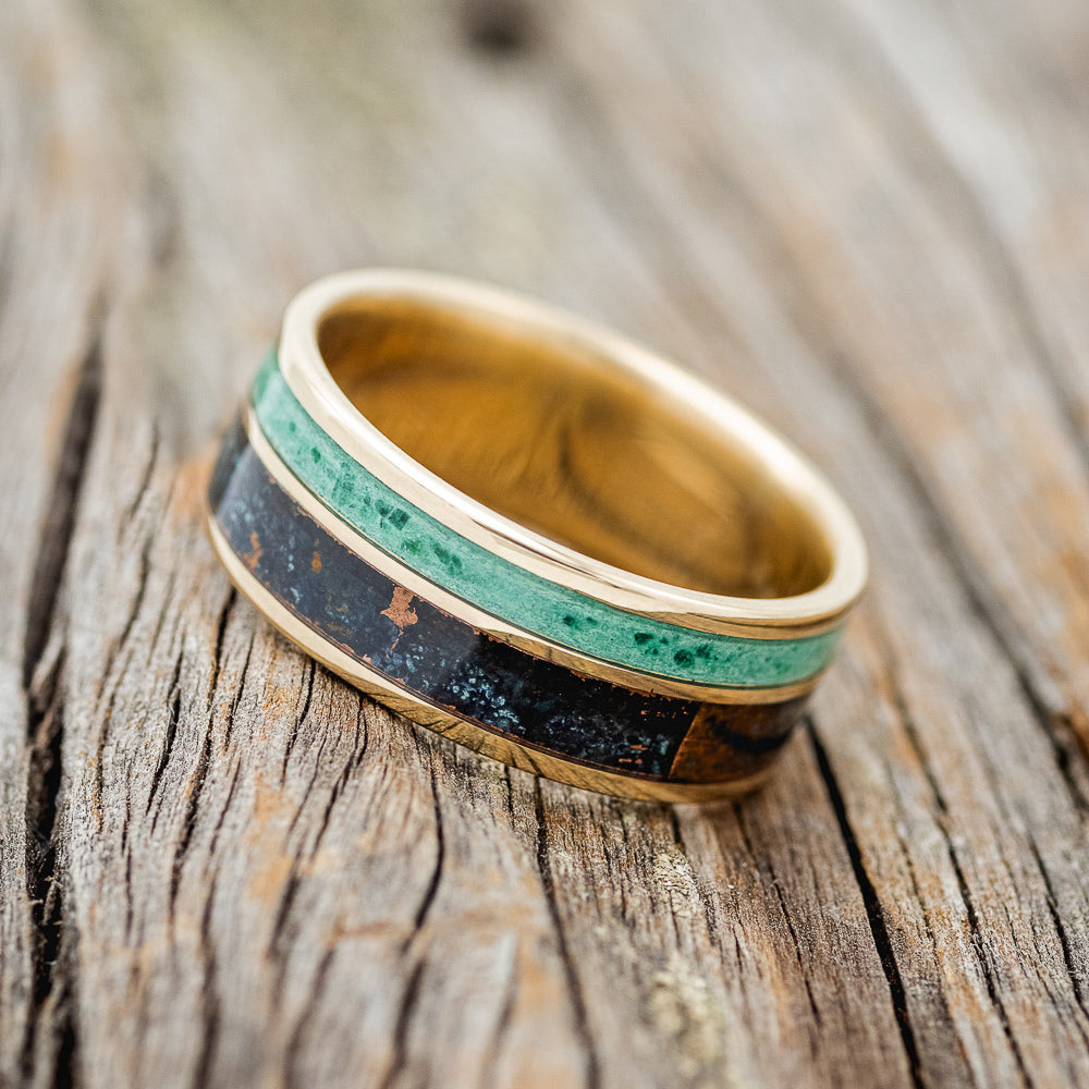 "RAPTOR" - PATINA COPPER & MALACHITE WEDDING BAND-11