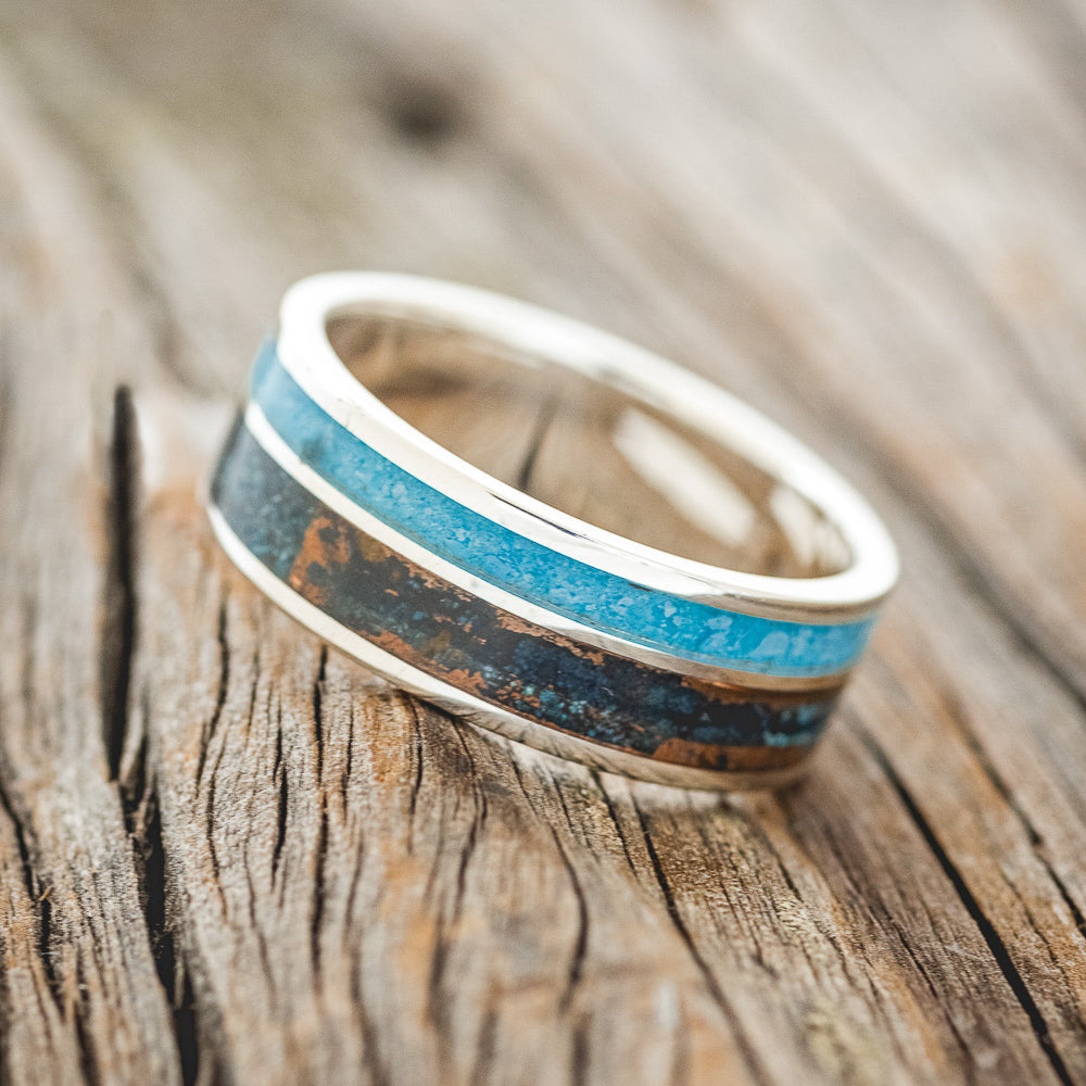 "RAPTOR" - PATINA COPPER & TURQUOISE WEDDING BAND-11