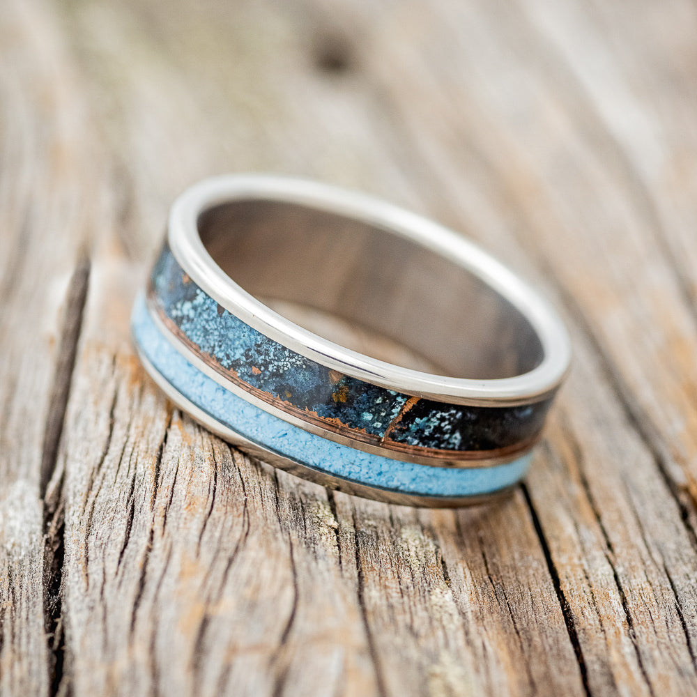 "RAPTOR" - PATINA COPPER & TURQUOISE WEDDING BAND-2