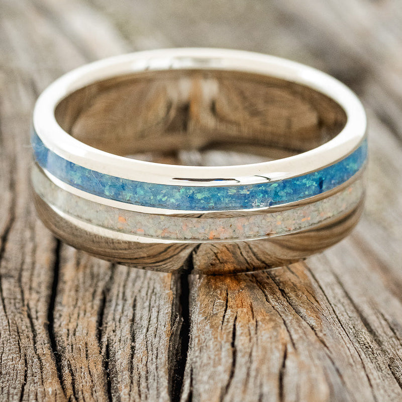 "COSMO" - BLUE OPAL & FIRE AND ICE OPAL WEDDING BAND FEATURING A 14K GOLD BAND-3