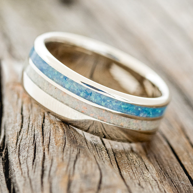 "COSMO" - BLUE OPAL & FIRE AND ICE OPAL WEDDING BAND FEATURING A 14K GOLD BAND-2