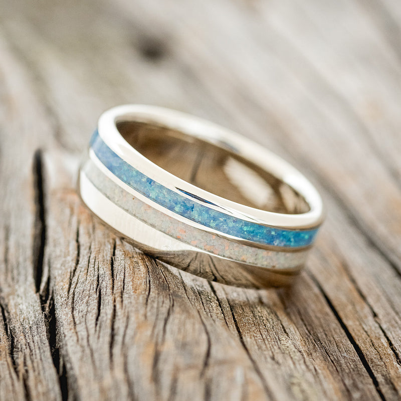 "COSMO" - BLUE OPAL & FIRE AND ICE OPAL WEDDING BAND FEATURING A 14K GOLD BAND