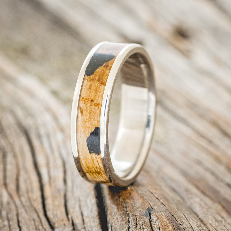 "RAINIER" - WHISKEY BARREL OAK & CHARRED WHISKEY BARREL WEDDING BAND - TITANIUM (6MM) - SIZE 10 1/4-1