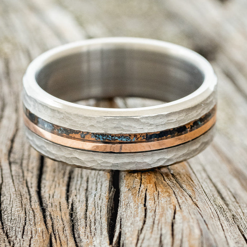 "ASHER" - CENTERED PATINA COPPER & 14K GOLD INLAY WEDDING BAND WITH HAMMERED FINISH-3