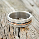 "ASHER" - CENTERED PATINA COPPER & 14K GOLD INLAY WEDDING BAND WITH HAMMERED FINISH-3