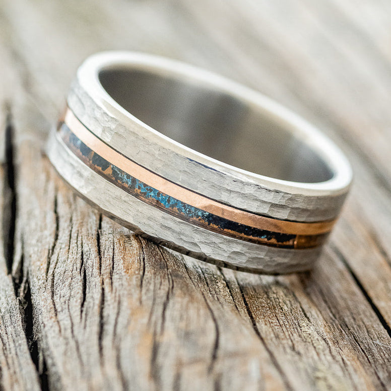 "ASHER" - CENTERED PATINA COPPER & 14K GOLD INLAY WEDDING BAND WITH HAMMERED FINISH-2