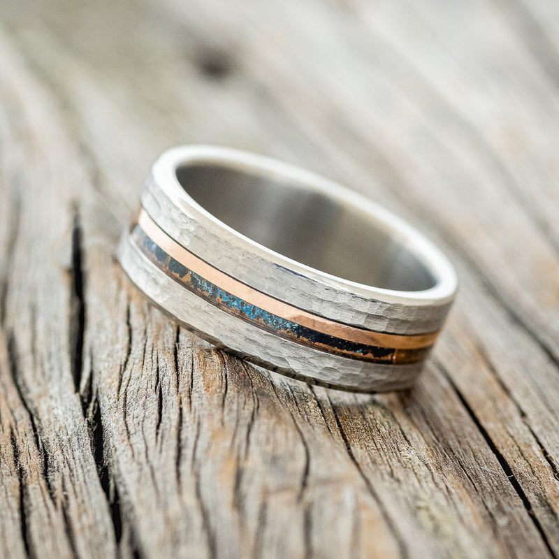 "ASHER" - CENTERED PATINA COPPER & 14K GOLD INLAY WEDDING BAND WITH HAMMERED FINISH-2