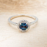 "AURORA" - ROUND CUT LAB-GROWN ALEXANDRITE ENGAGEMENT RING WITH DIAMONDS - 14K WHITE GOLD - SIZE 4 3/4-4