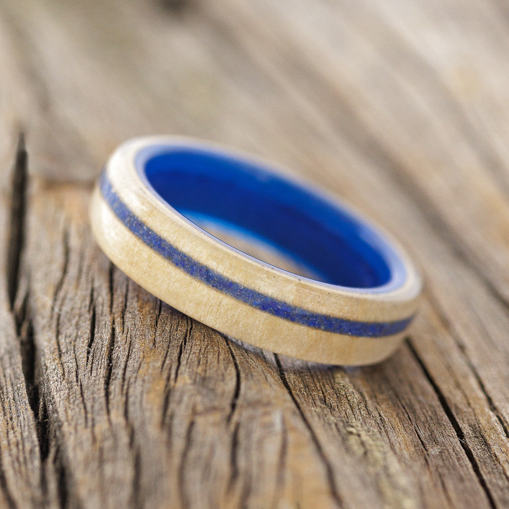 "REMMY" - MAPLE WOOD & LAPIS LAZULI WEDDING RING FEATURING A BLUE ACRYLIC BAND-2