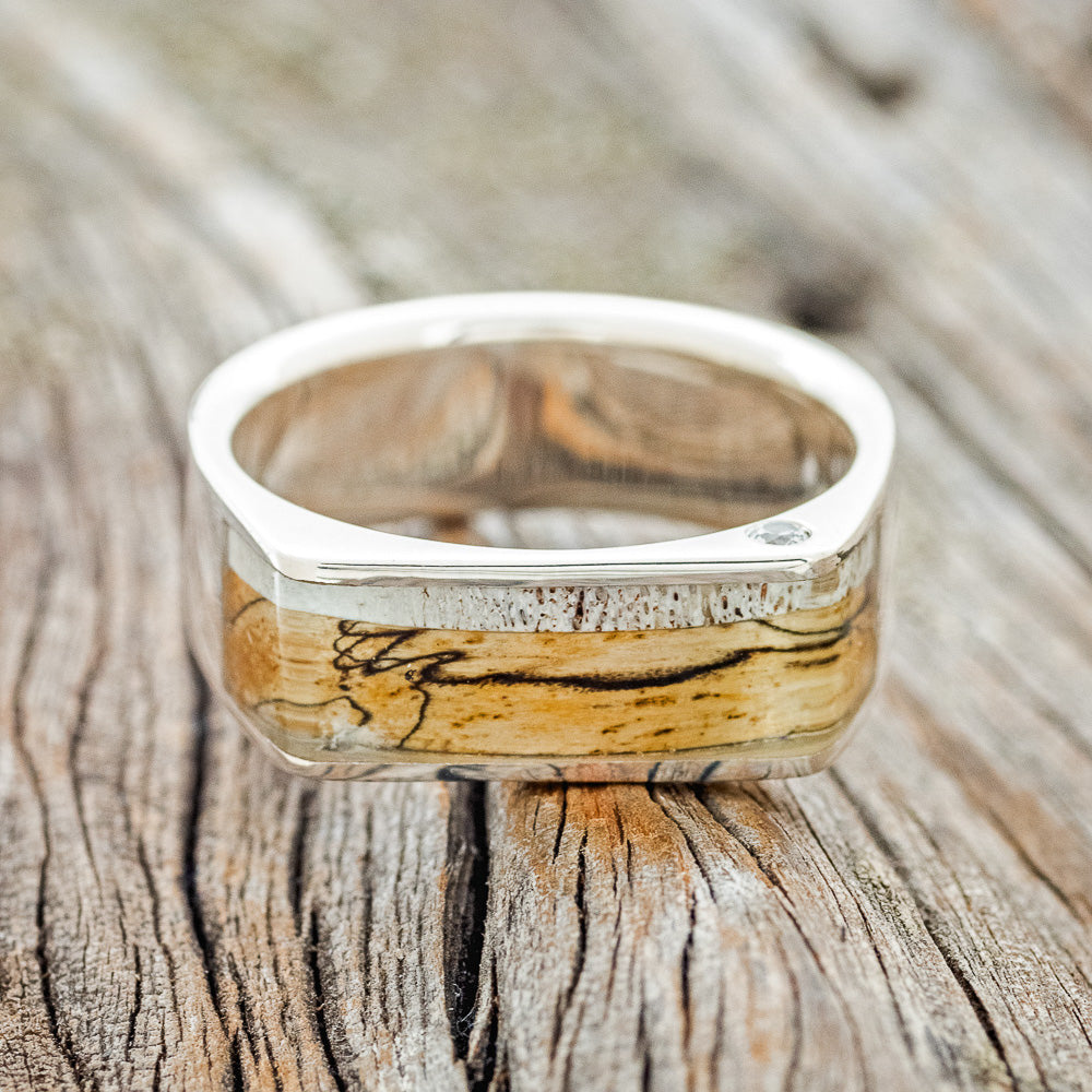 "MESA" - SPALTED MAPLE, ELK ANTLER & OFFSET DIAMONDS 14K GOLD WEDDING BAND-3