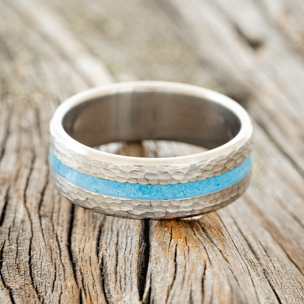 "NIRVANA" - CENTERED TURQUOISE INLAY WEDDING BAND WITH HAMMERED FINISH-3