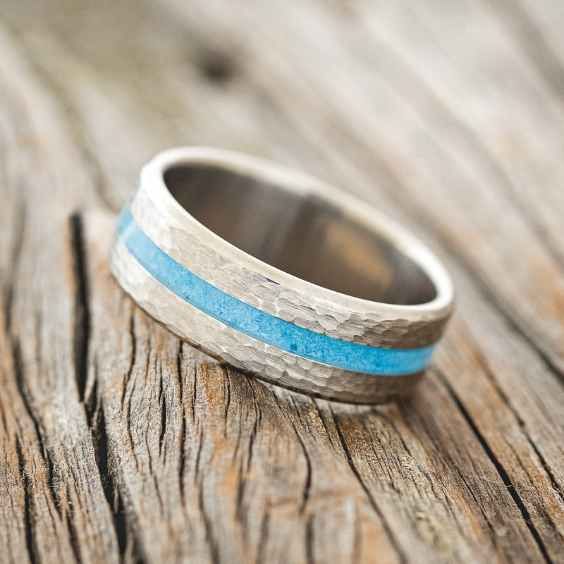 "NIRVANA" - CENTERED TURQUOISE INLAY WEDDING BAND WITH HAMMERED FINISH - READY TO SHIP