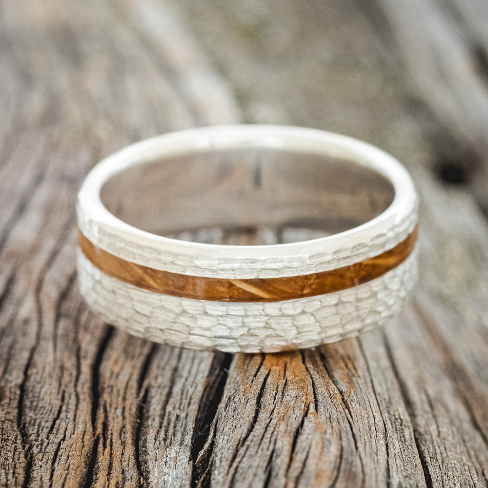 "VERTIGO" - WHISKEY BARREL OAK WEDDING BAND WITH HAMMERED FINISH-6