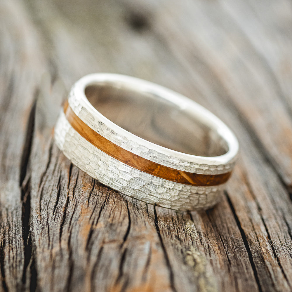 "VERTIGO" - WHISKEY BARREL OAK WEDDING BAND WITH HAMMERED FINISH-5