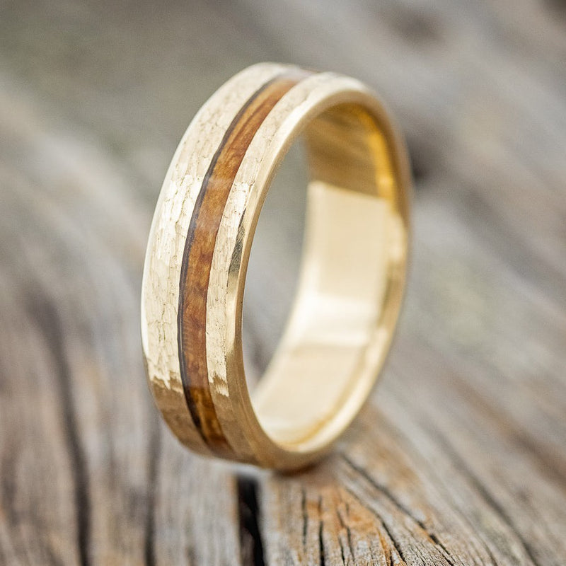 "VERTIGO" - WHISKEY BARREL OAK WEDDING RING FEATURING A HAMMERED 14K GOLD BAND-1