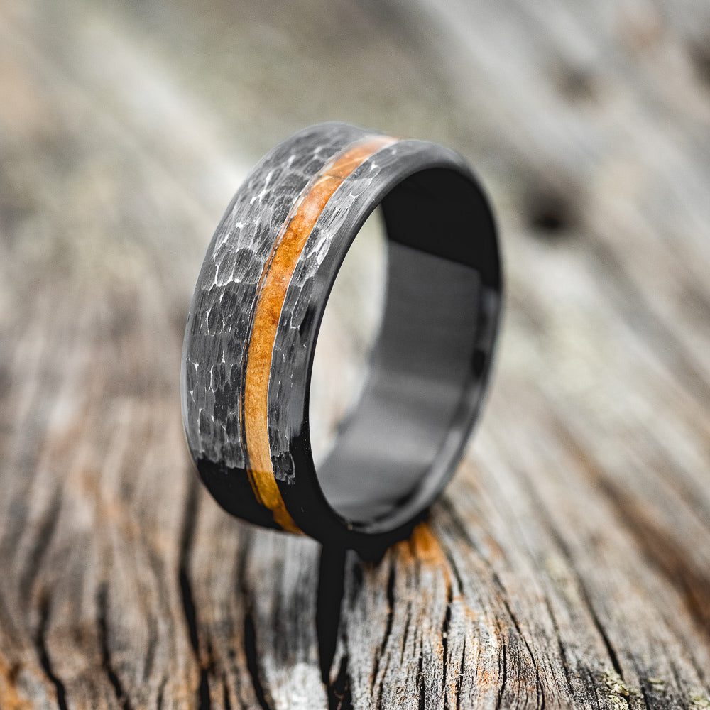 "VERTIGO" - WHISKEY BARREL OAK WEDDING BAND WITH HAMMERED FINISH-7