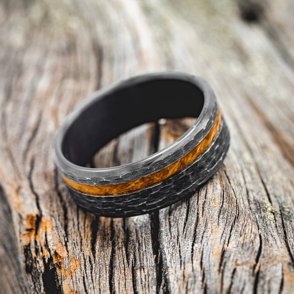 "VERTIGO" - WHISKEY BARREL OAK WEDDING BAND WITH HAMMERED FINISH-9