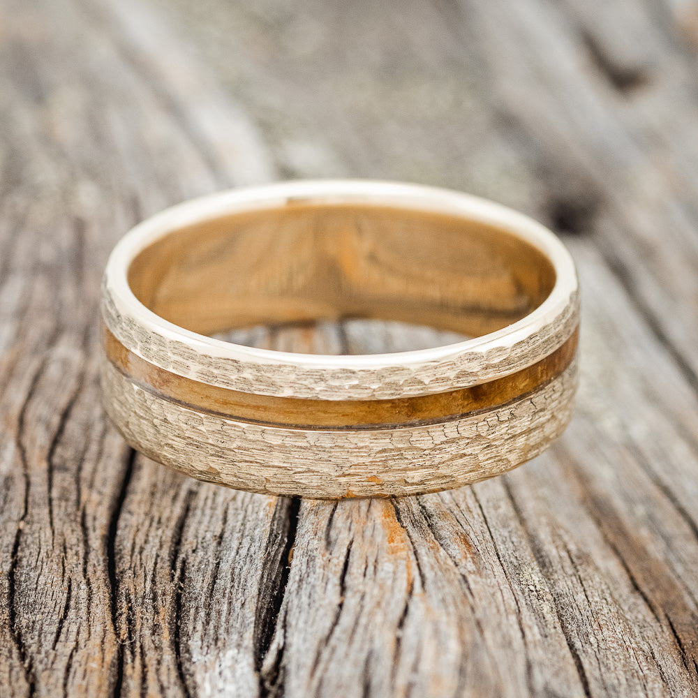 "VERTIGO" - WHISKEY BARREL OAK WEDDING BAND WITH HAMMERED FINISH-13
