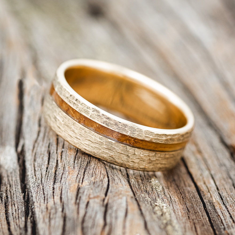 "VERTIGO" - WHISKEY BARREL OAK WEDDING BAND WITH HAMMERED FINISH-12