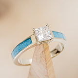 Shown here is The "Eota", a solitaire-style square moissanite women's engagement ring with delicate and ornate details and is available with many center stone options-1ct MOISSANITE ENGAGEMENT RING WITH TURQUOISE INLAYS (available in 14K rose, yellow, or white gold) - Staghead Designs - Antler Rings By Staghead Designs