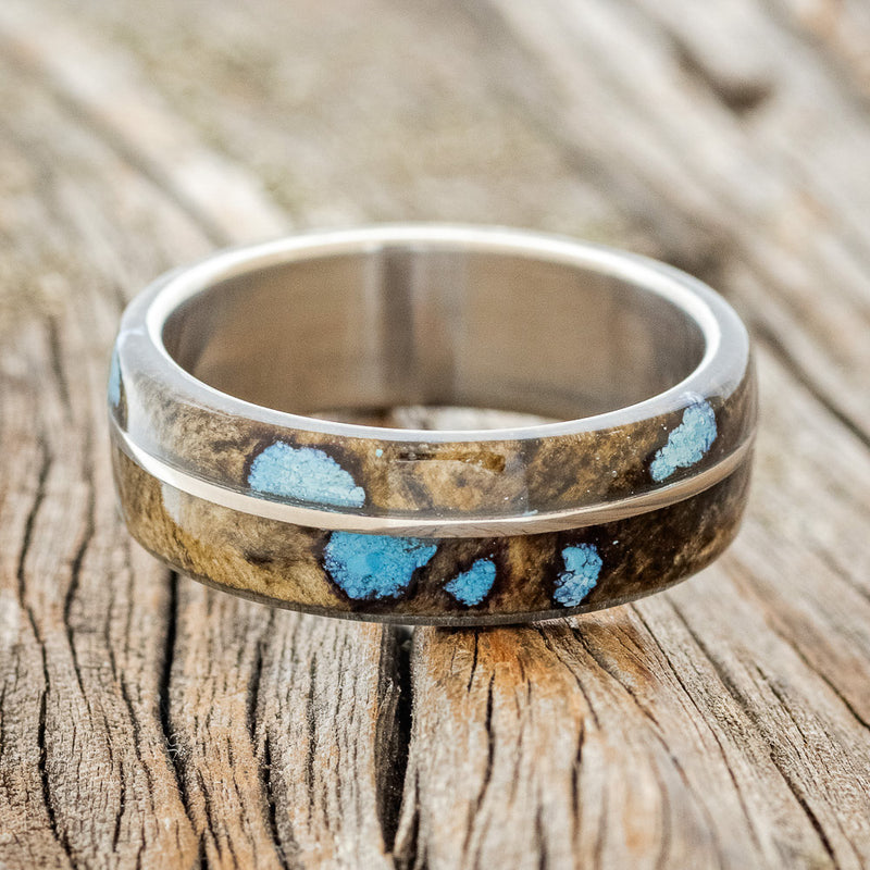 "GOLDEN" - BUCKEYE BURL WOOD & TURQUOISE INLAYS WEDDING BAND - READY TO SHIP-3