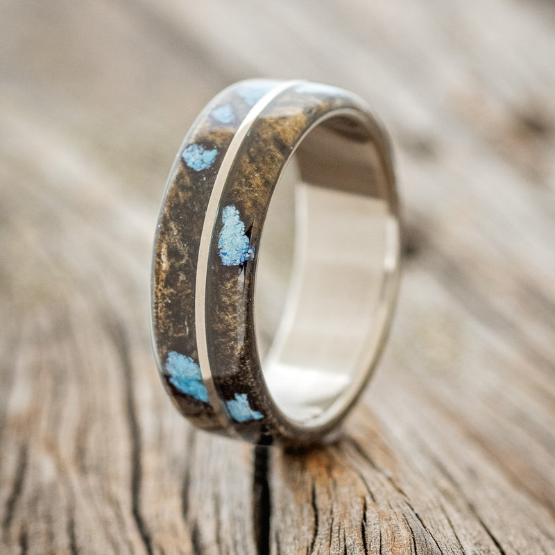 "GOLDEN" - BUCKEYE BURL WOOD & TURQUOISE WEDDING BAND - TITANIUM - SIZE 10 1/2-1