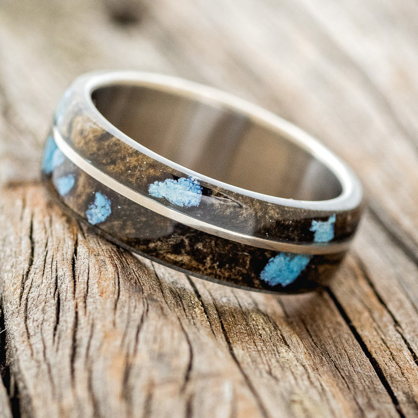 "GOLDEN" - BUCKEYE BURL WOOD & TURQUOISE INLAYS WEDDING BAND - READY TO SHIP-2
