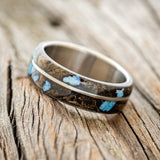 "GOLDEN" - BUCKEYE BURL WOOD & TURQUOISE INLAYS WEDDING BAND - READY TO SHIP-2