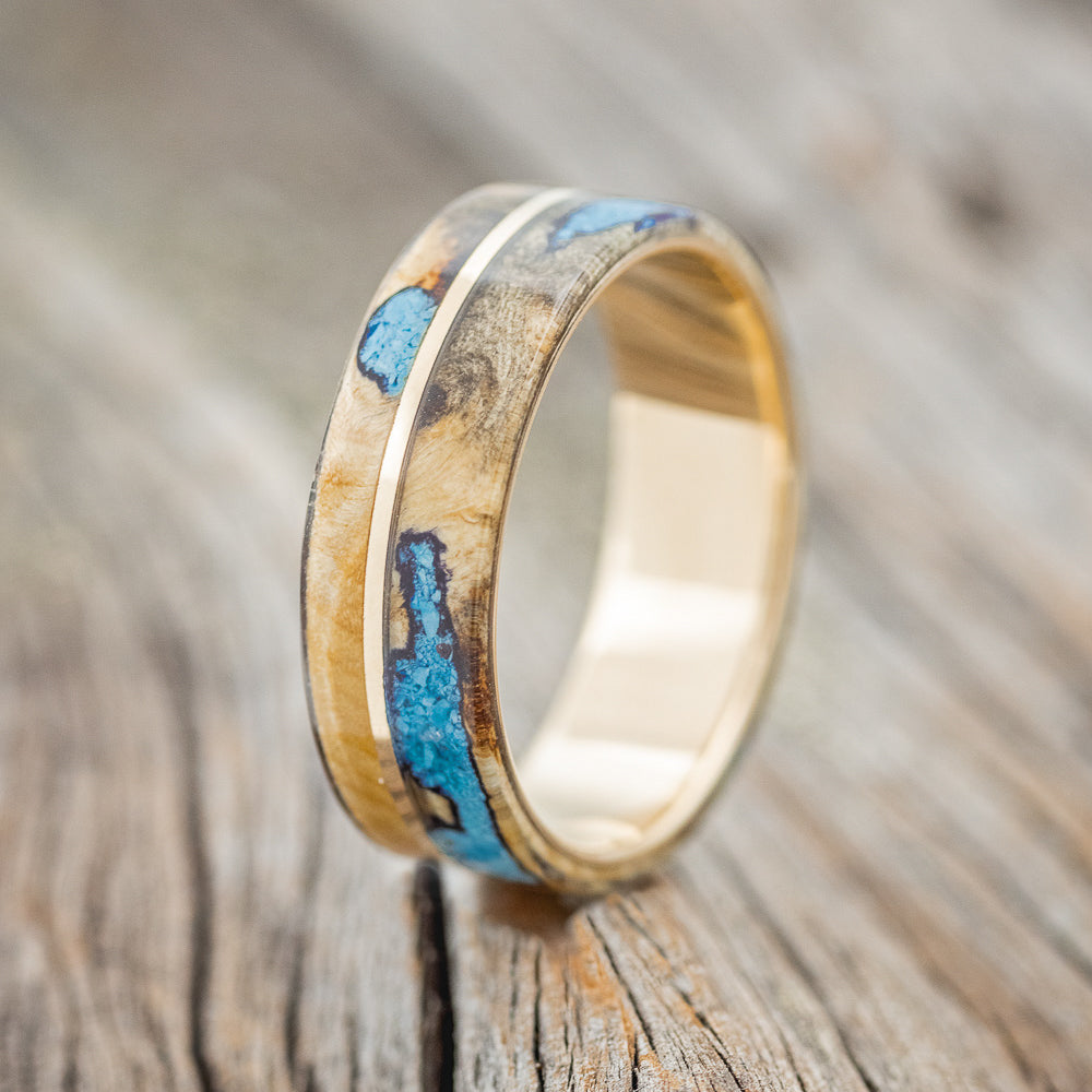 "GOLDEN" - BUCKEYE BURL WOOD & TURQUOISE INLAYS WEDDING BAND-4