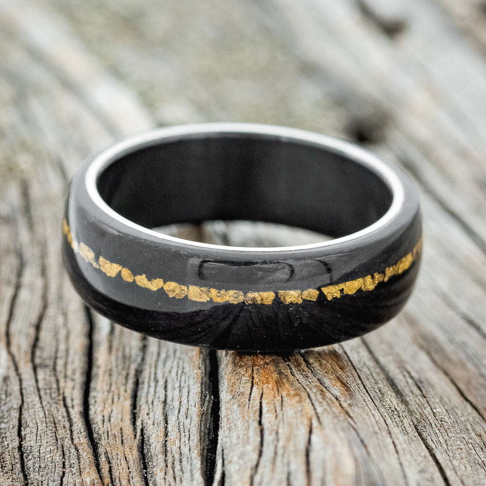 "REMMY" - AFRICAN BLACK WOOD & GOLD NUGGETS WEDDING BAND-6