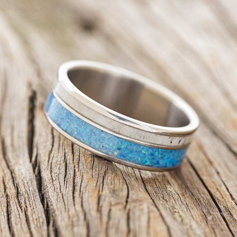 "RAPTOR" - ANTLER & BLUE OPAL WEDDING BAND - READY TO SHIP-2