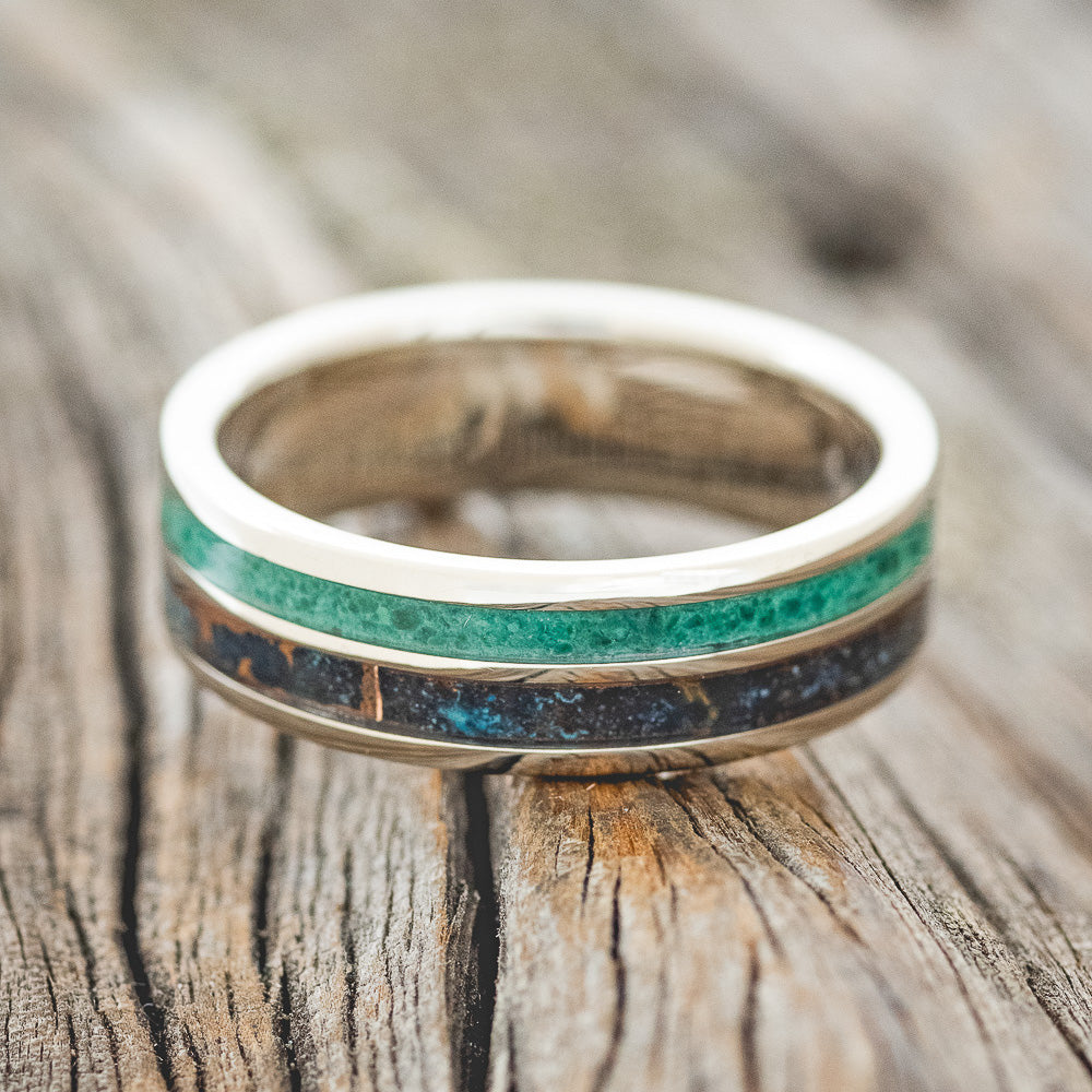 "DYAD" - MALACHITE & PATINA COPPER WEDDING RING FEATURING A 14K GOLD BAND-3