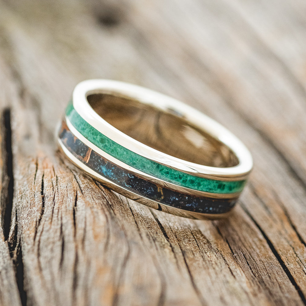 "DYAD" - MALACHITE & PATINA COPPER WEDDING RING FEATURING A 14K GOLD BAND-2
