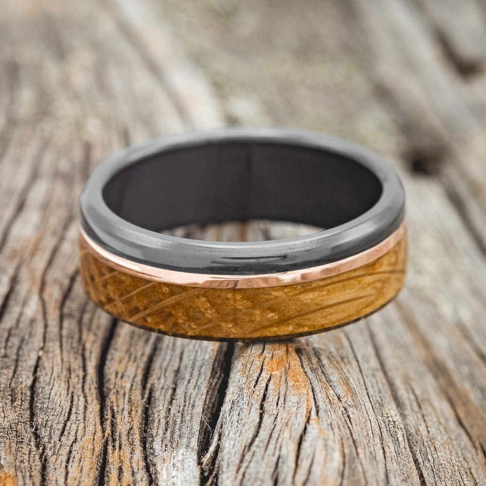 "EZRA" - WHISKEY BARREL OAK & 14K GOLD INLAY WEDDING BAND-5