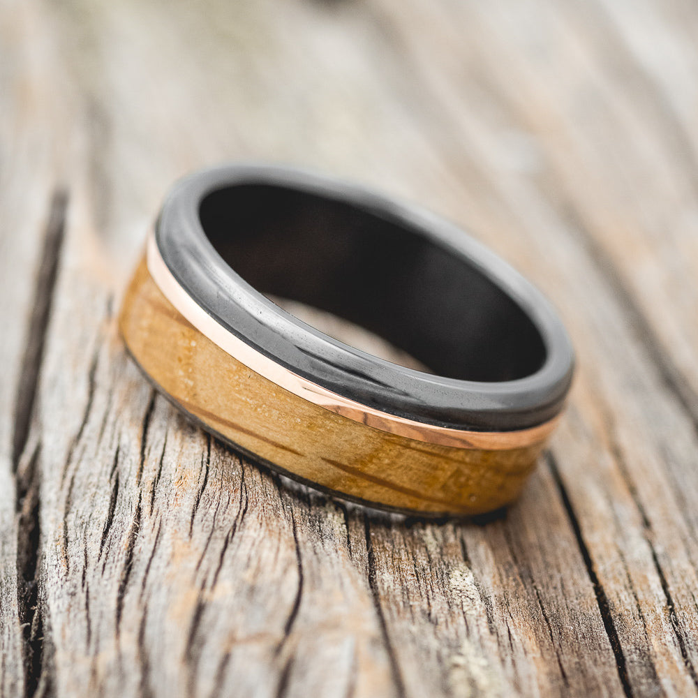"EZRA" - WHISKEY BARREL OAK & 14K GOLD INLAY WEDDING BAND-3