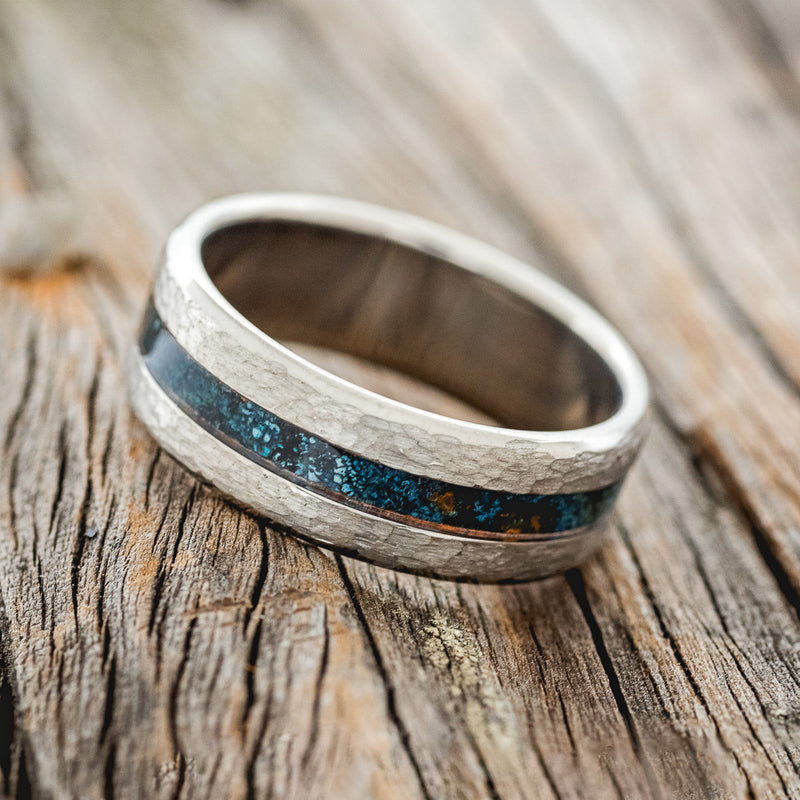 "NIRVANA" - CENTERED PATINA COPPER INLAY WEDDING BAND WITH HAMMERED FINISH