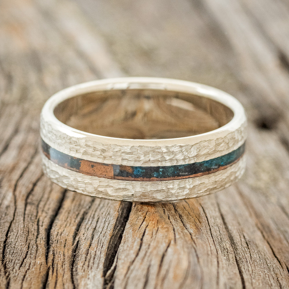 "NIRVANA" - CENTERED PATINA COPPER INLAY WEDDING BAND WITH HAMMERED FINISH-10