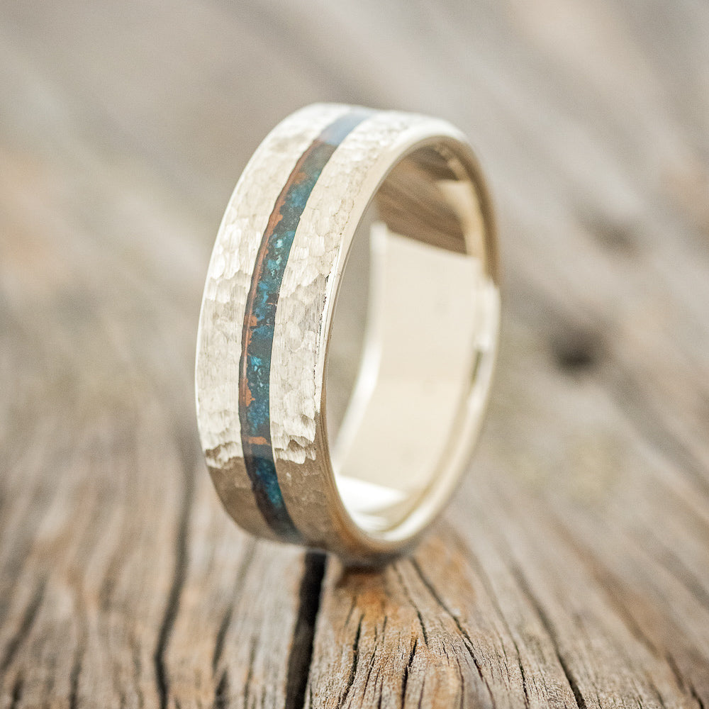 "NIRVANA" - CENTERED PATINA COPPER INLAY WEDDING BAND WITH HAMMERED FINISH-8