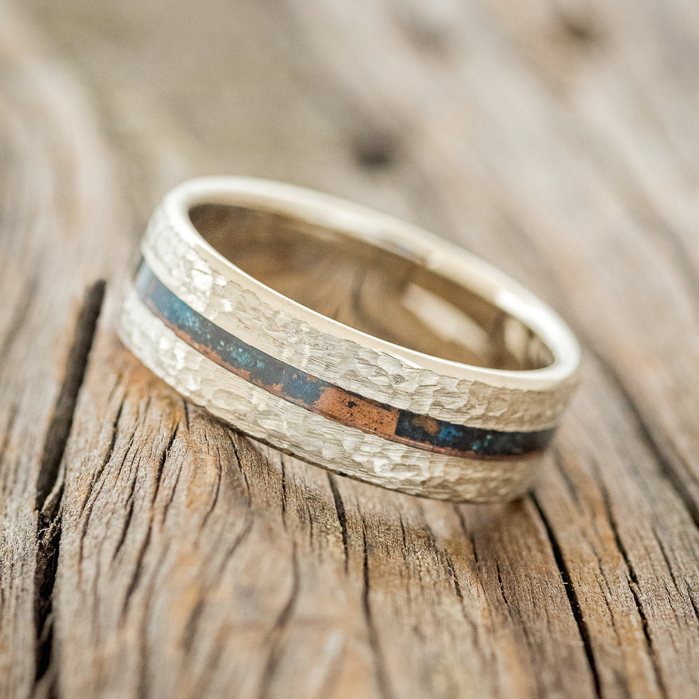 "NIRVANA" - CENTERED PATINA COPPER INLAY WEDDING BAND WITH HAMMERED FINISH-9